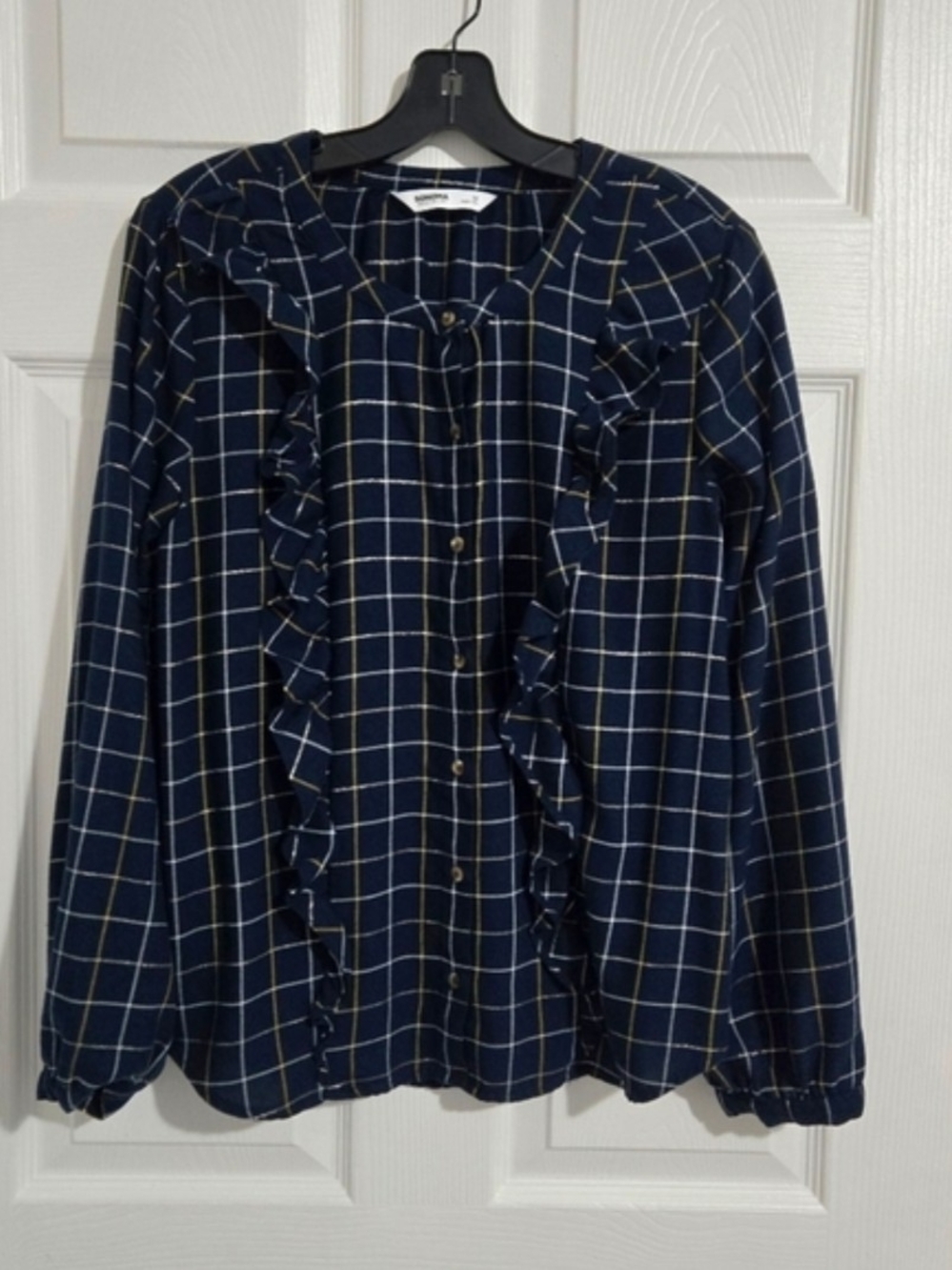 Banana Republic Ruffle Blouse Women's Medium Navy Blue Sheer Long Sleeve